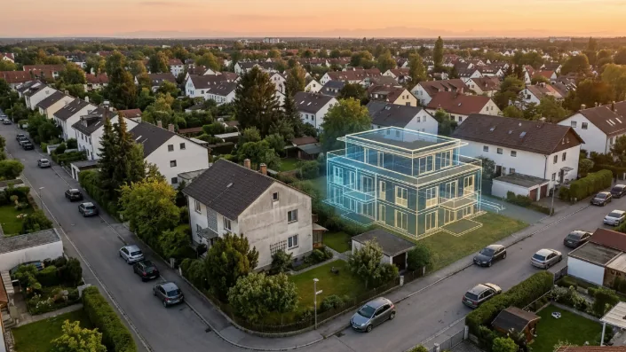 Grundstück kaufen: Luftaufnahme einer Siedlung mit 3D-Neubau-Visualisierung