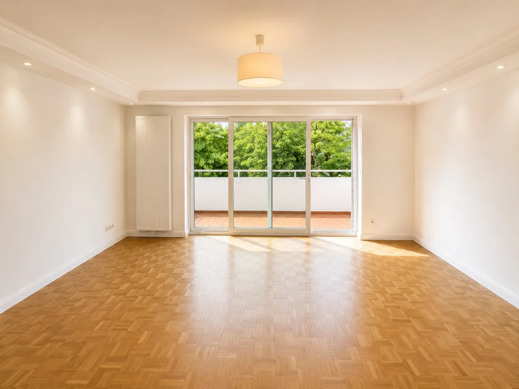 Wohnzimmer mit Parkett und Balkonzugang in der sanierten 3-Zimmer-Wohnung in München-Solln