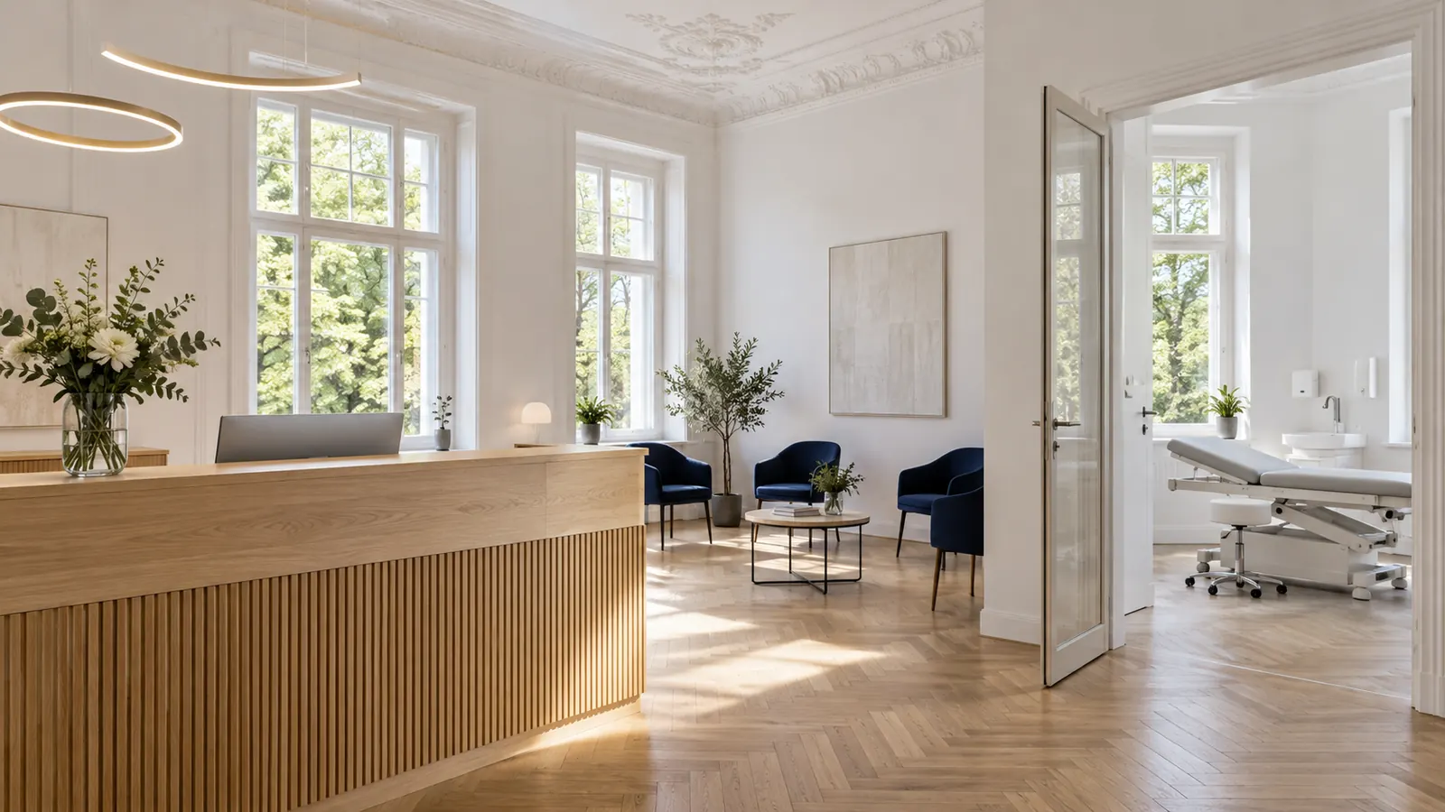 Visualisierung einer Praxisimmobilie in München: Arztpraxis im Altbau mit Empfang, Wartezone und Behandlungsraum